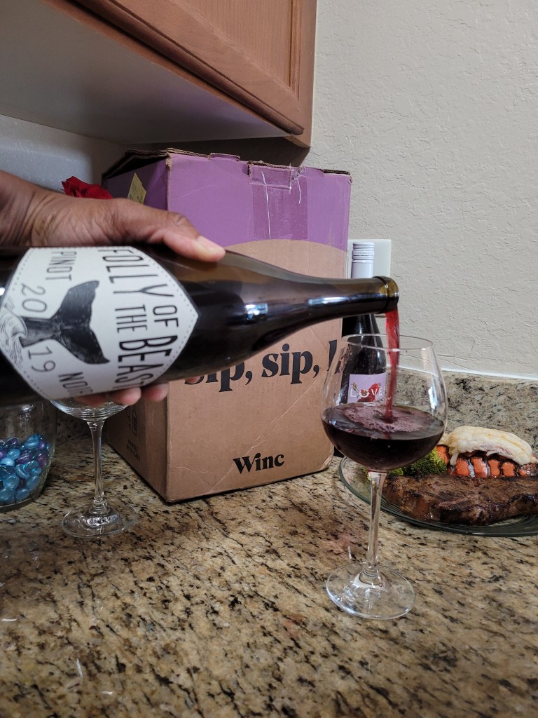 A semi sweet Pinot Noir from Winc wine club.